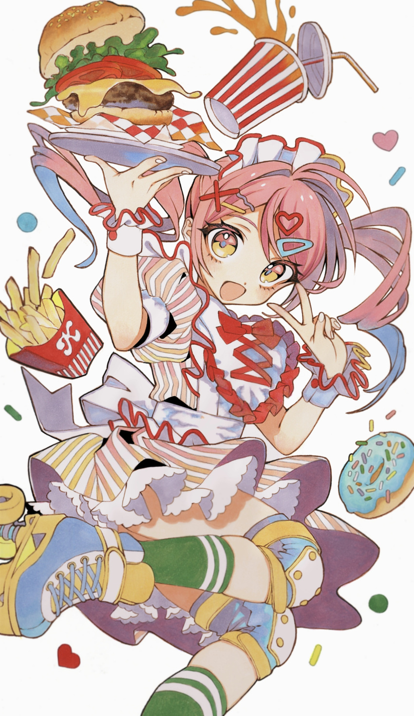 1girl, :d, absurdres, apron, blue_footwear, bow, burger, dot_nose, doughnut, dress, drink, drinking_straw, food, french_fries, frilled_dress, frills, green_socks, hair_ornament, hairpin, headdress, heart, highres, holding, holding_tray, jumping, karin_(salmonosushi), knee_guards, long_hair, looking_at_viewer, marker_(medium), open_mouth, original, pink_dress, pink_hair, puffy_short_sleeves, puffy_sleeves, red_bow, roller_skates, scan, short_sleeves, simple_background, skates, skindentation, smile, socks, solo, striped, striped_dress, traditional_media, tray, twintails, v, vertical-striped_dress, vertical_stripes, waitress, white_apron, white_background, white_headwear, wrist_cuffs, yellow_eyes
