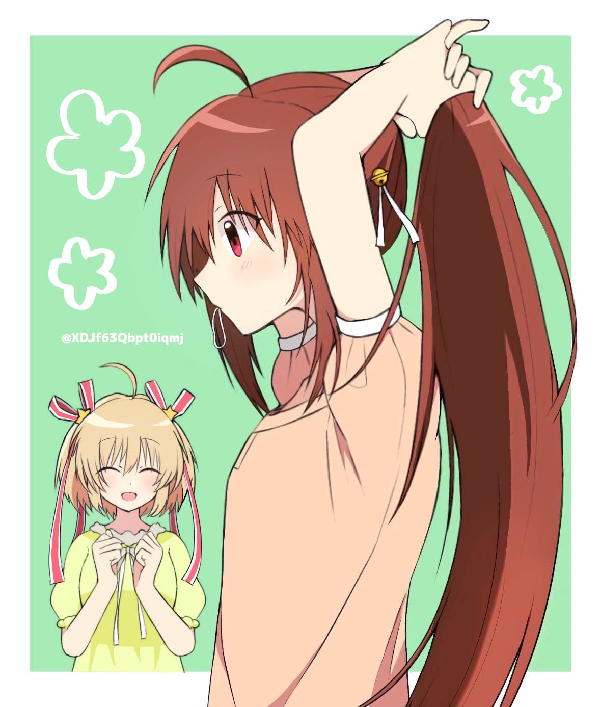 2girls, :d, ^_^, ahoge, alternate_costume, arms_up, bell, blonde_hair