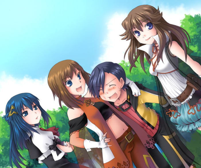 arm_around_neck, artist_request, belt, blue_(pokemon), brown_hair, crossed_arms, fang, fingerless_gloves