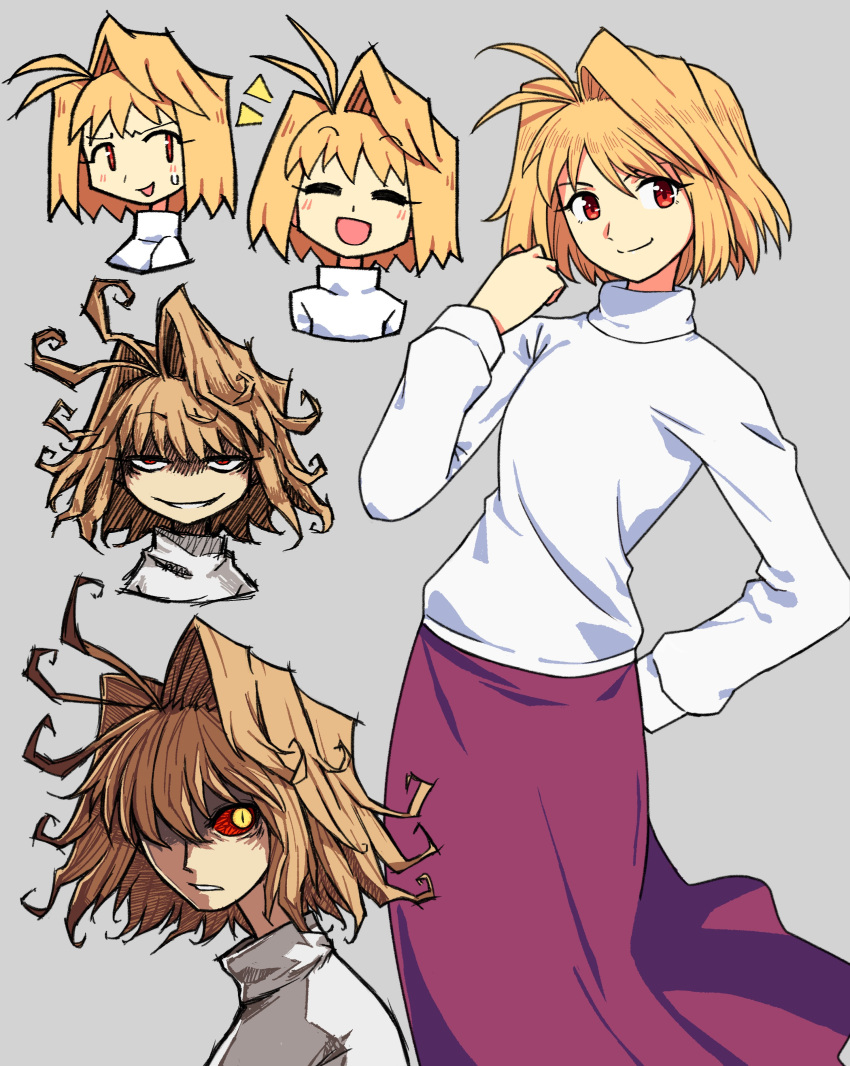 1girl, absurdres, antenna_hair, arcueid_brunestud, blonde_hair, colored_sclera, curly_hair, grey_background, hair_intakes, highres, long_skirt, long_sleeves, looking_at_viewer, multiple_persona, notice_lines, one_eye_closed, open_mouth, purple_skirt, red_arcueid, red_eyes, red_sclera, short_hair, skirt, slit_pupils, smile, solo, spdcooler, sweater, tsukihime, turtleneck, turtleneck_sweater, white_sweater, yellow_eyes