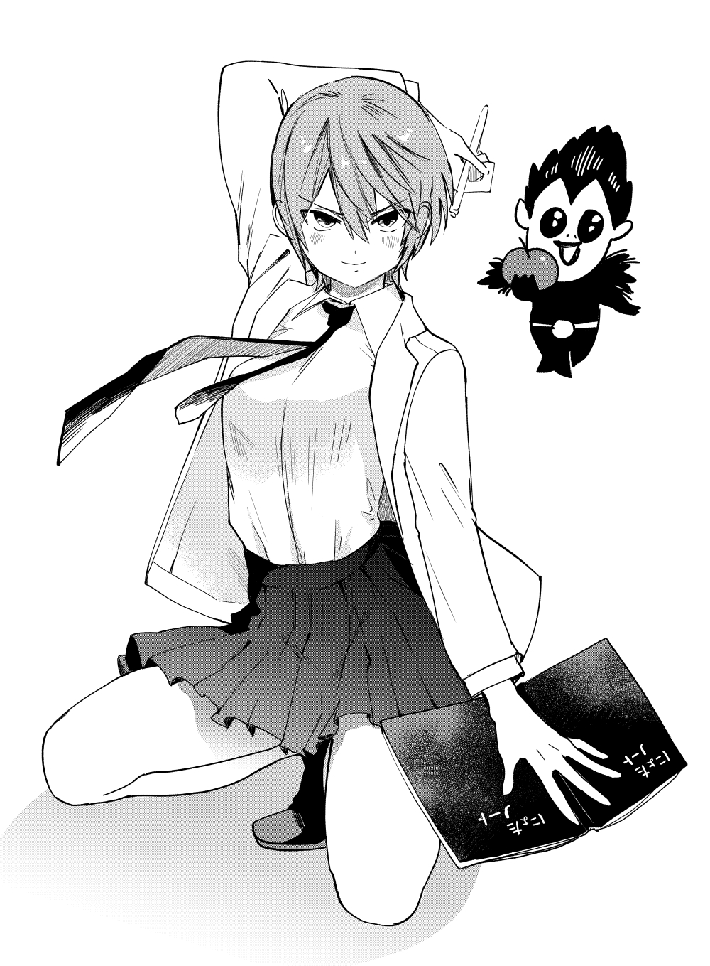 1girl, death_note, death_note_(object), genderswap, genderswap_(mtf), highres, looking_at_viewer, necktie, niname_shuri, shirt, short_hair, simple_background, thighs, white_background, white_shirt, yagami_light