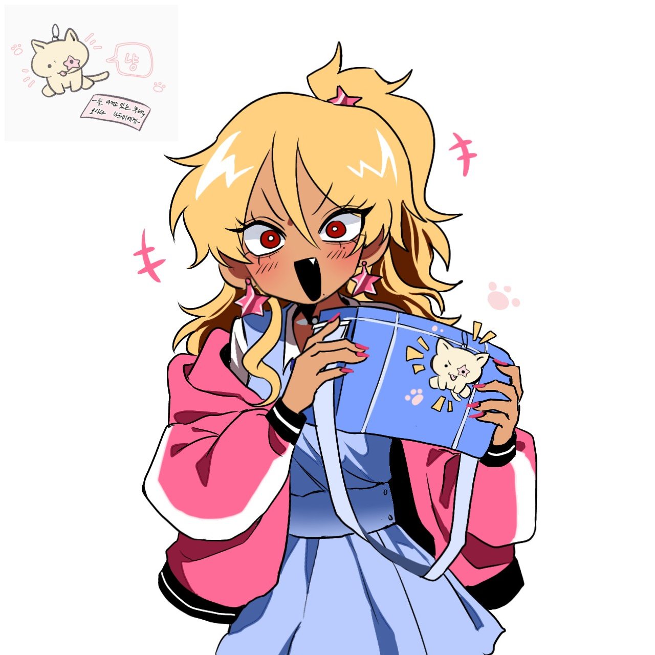 1girl, bag, blonde_hair, blue_bag, blue_dress, blush, commentary_request, copyright_request
