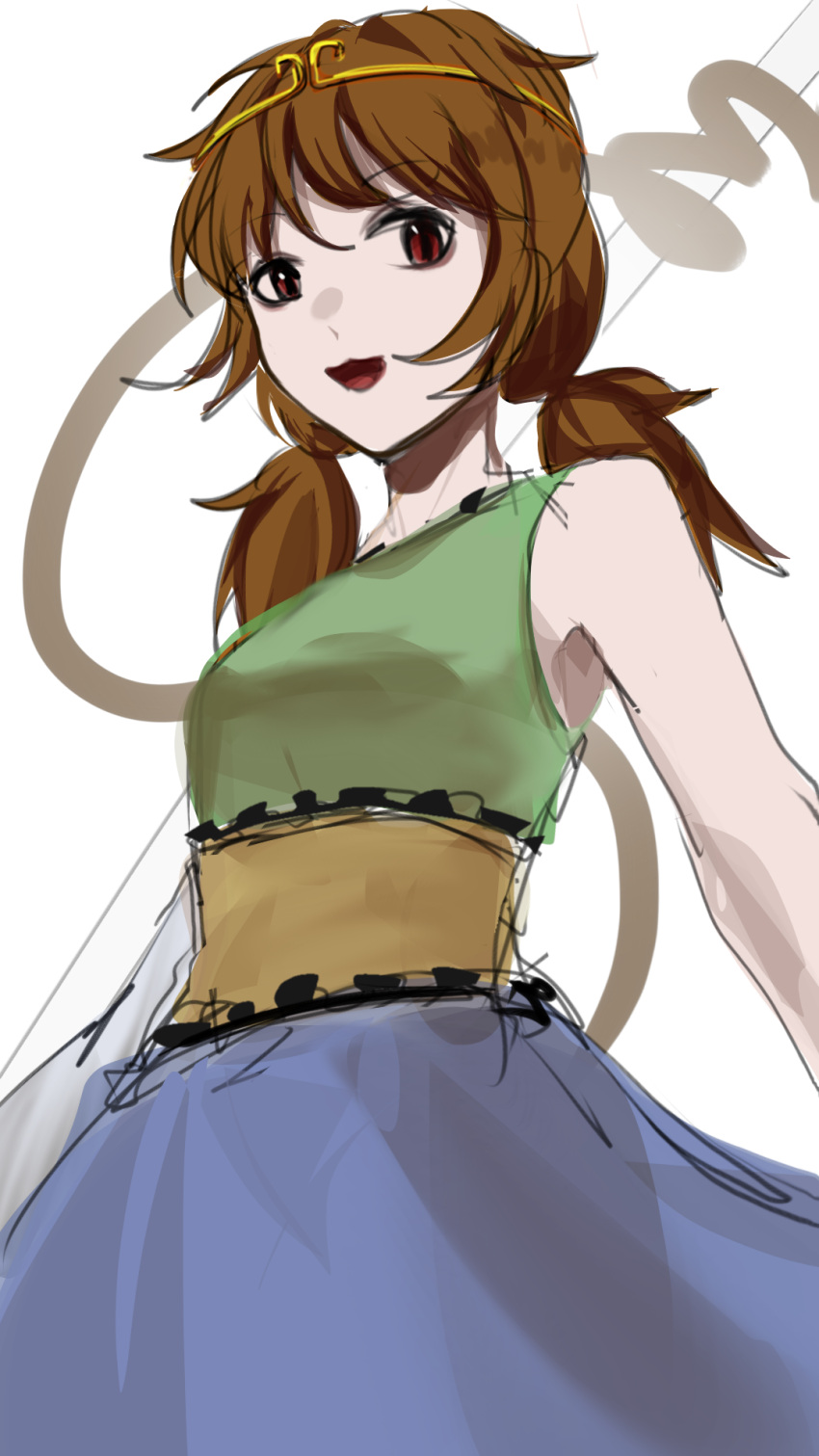 1girl, :3, breasts, brown_hair, chinese_commentary, circlet, commentary_request, dress