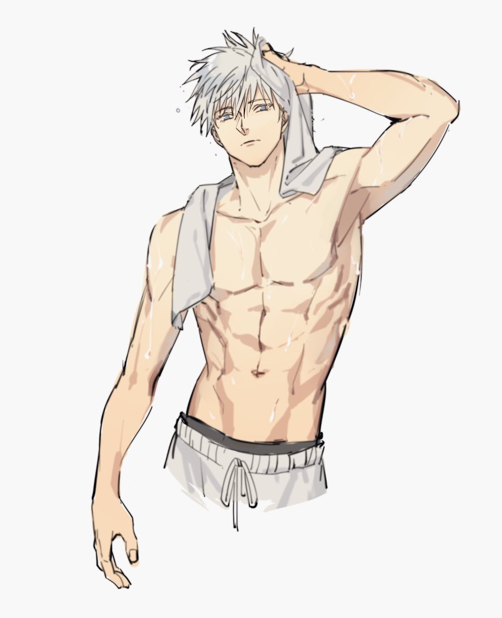 1boy, abs, black_male_underwear, blue_eyes, gojou_satoru, grey_pants, highres, jujutsu_kaisen