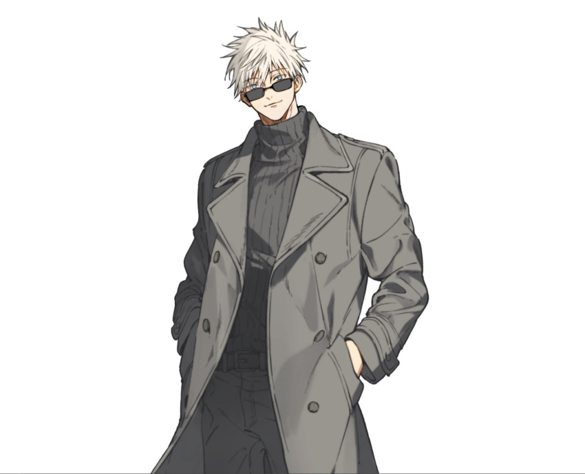1boy, black_coat, blue_eyes, coat, cowboy_shot, gojou_satoru, hands_in_pockets, highres