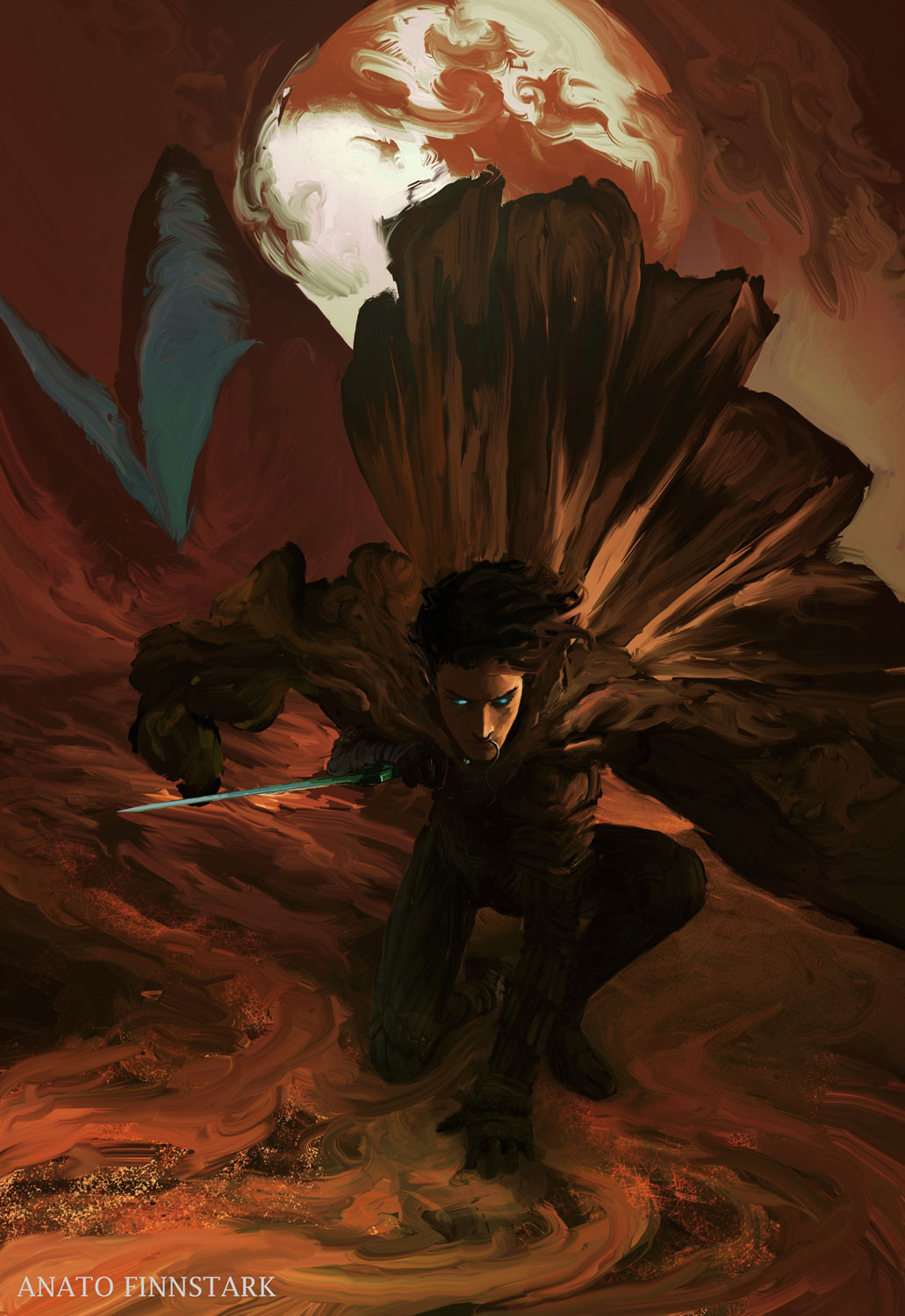 1boy, anato_finnstark, artist_name, black_hair, blue_eyes, cloak, commentary, desert