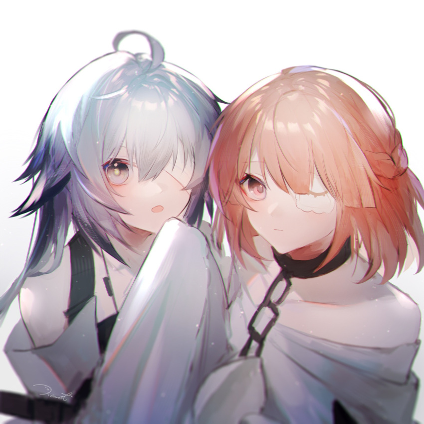 ahoge, bandage_over_one_eye, bare_shoulders, braid, chain, closed_mouth, collar, crossover