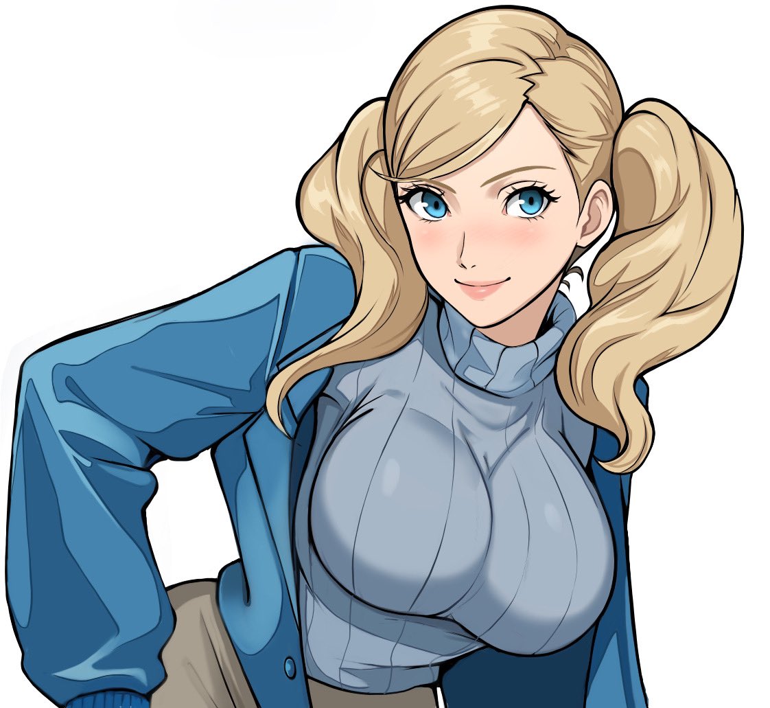 1girl, blonde_hair, blue_eyes, blue_jacket, breasts, closed_mouth, jacket, large_breasts, lepypepy, persona, persona_5, ribbed_sweater, simple_background, smile, solo, sweater, takamaki_anne, turtleneck, turtleneck_sweater, twintails, upper_body, white_background