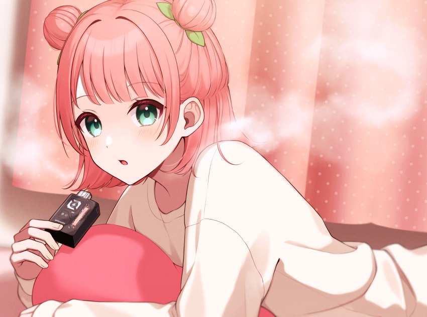 1girl, blue_eyes, blush, curtains, double_bun, electronic_cigarette, hair_bun, hair_ornament