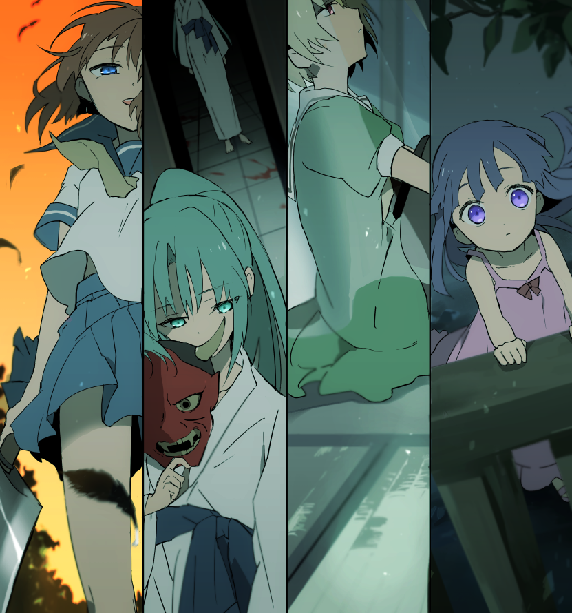 5girls, bare_arms, black_feathers, blonde_hair, blood, blood_splatter, blouse, blue_eyes