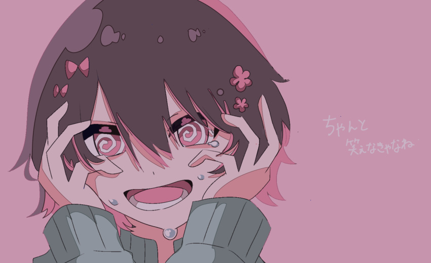1girl, @_@, aqua_jacket, black_hair, bow, cevio, crazy_eyes, flower, hair_bow, hair_flower, hair_ornament, hairpin, hands_on_own_cheeks, hands_on_own_face, harumaki_025, highres, jacket, kurari-chan, kyu-kurarin_(cevio), multiple_hairpins, open_mouth, pink_background, short_hair, simple_background, tears, track_jacket, translation_request
