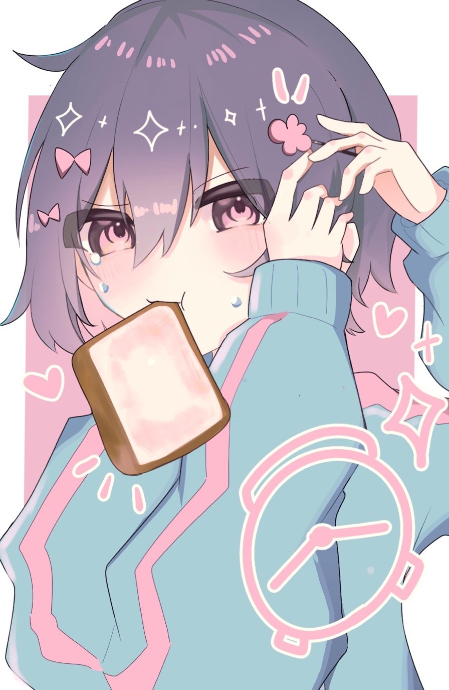 1girl, alarm_clock, aqua_jacket, black_hair, blush, bow, bread, bread_slice