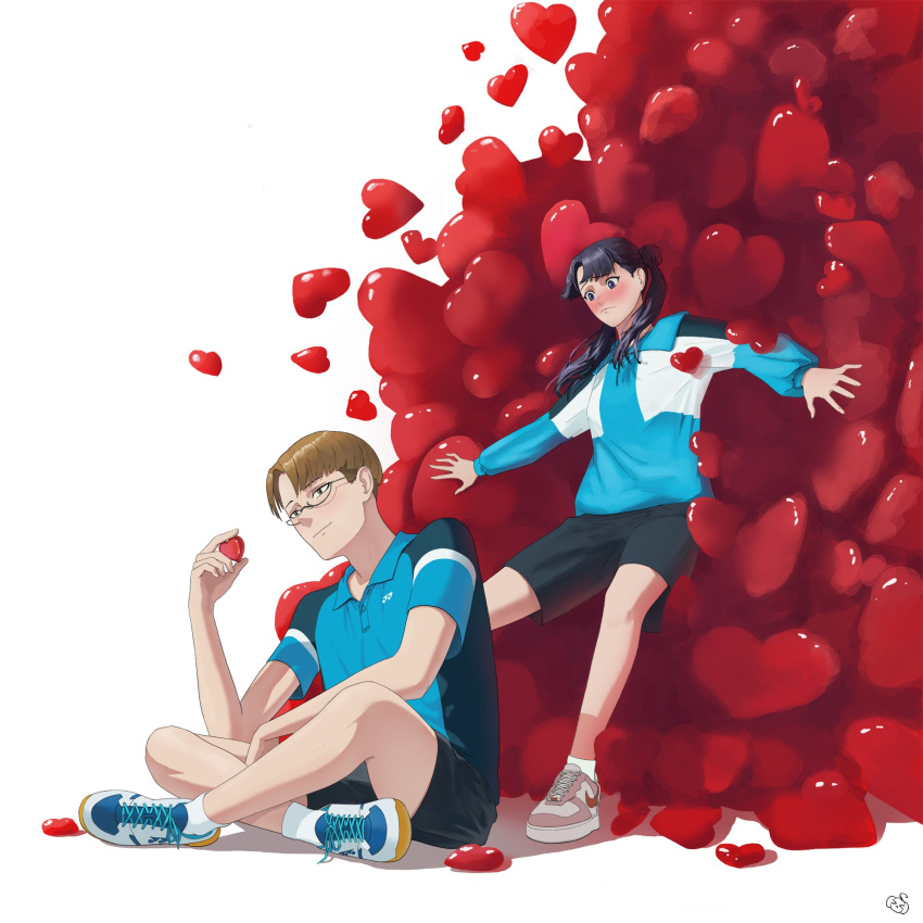1boy, 1girl, ao_no_hako_(wsj), aqwariate, black_hair, black_shorts, blue_shirt, blush