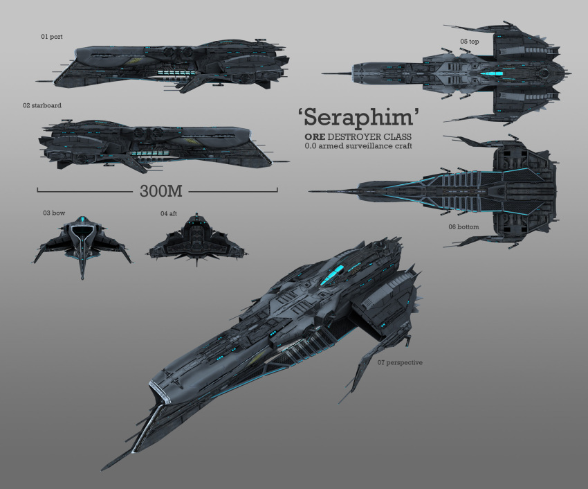 3d, cannon, commentary, concept_art, destroyer_(eve_online), eve_online, glowing, grey_background
