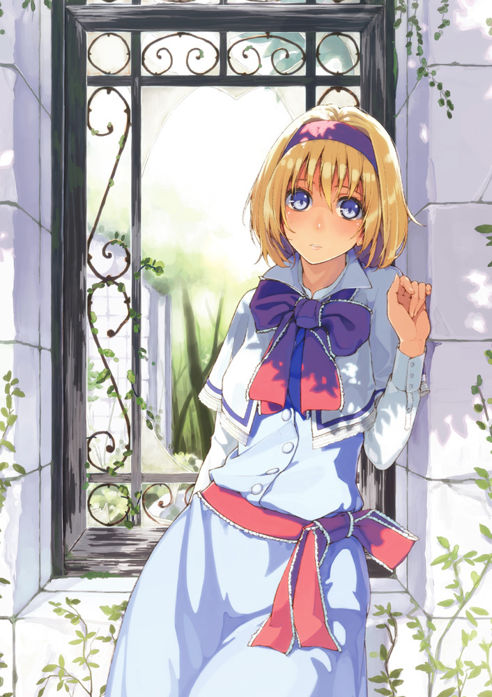 alice_margatroid, blonde_hair, blue_eyes, buttons, capelet, face, hairband, hands
