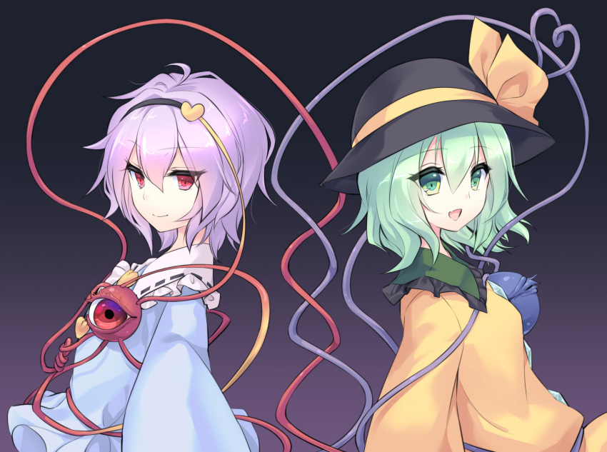 2girls, :d, black_hairband, black_headwear, blouse, blue_shirt, bow, closed_mouth
