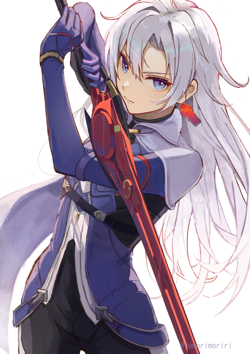 1other, a_(xenoblade), androgynous, armored_bodysuit, blue_eyes, cape, closed_mouth, collared_cape