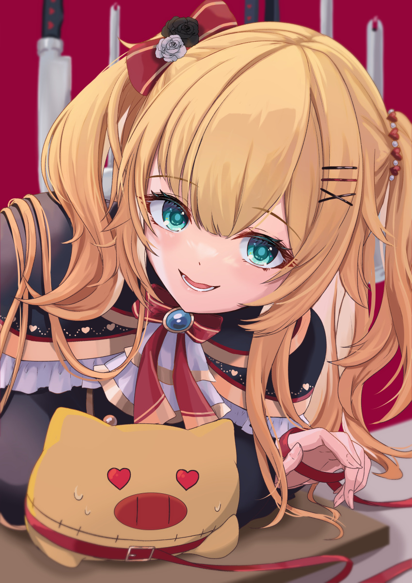 1girl, absurdres, akai_haato, akai_haato_(gothic_lolita), blonde_hair, blue_eyes, blurry, blurry_background