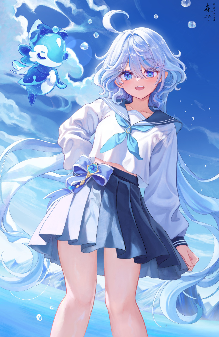 1girl, absurdres, ahoge, alternate_costume, barefoot, blue_background, blue_bow, blue_eyes