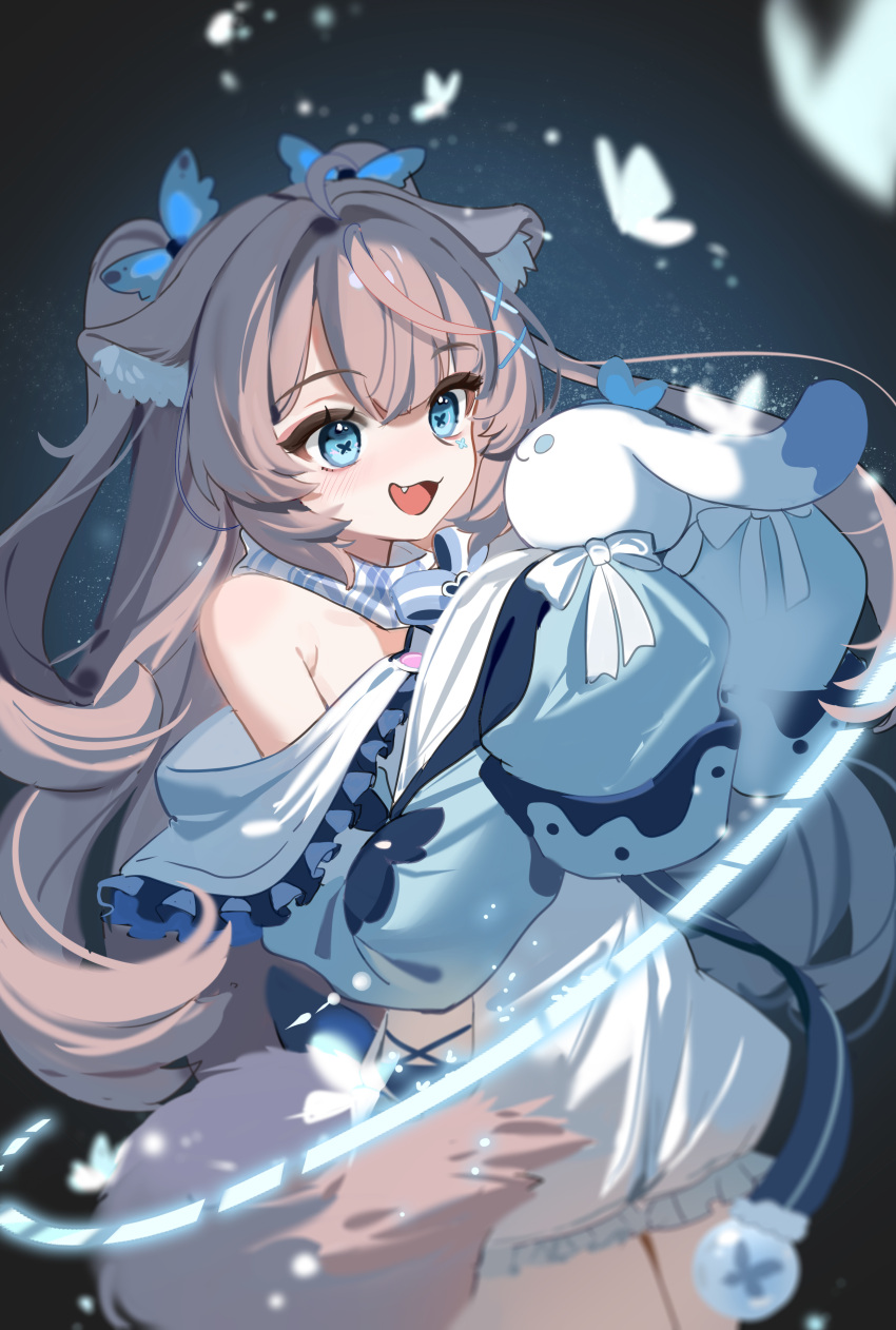 1girl, absurdres, ahoge, animal_ear_fluff, blue_eyes, blue_jacket, brown_hair, bug, butterfly, enominya_andi, fang, hair_ornament, highres, jacket, long_hair, melonyx, ruiuncle, sleeves_past_fingers, sleeves_past_wrists, smile, solo, stuffed_animal, stuffed_rabbit, stuffed_toy, tail, two_side_up, very_long_hair, virtual_youtuber, x_hair_ornament