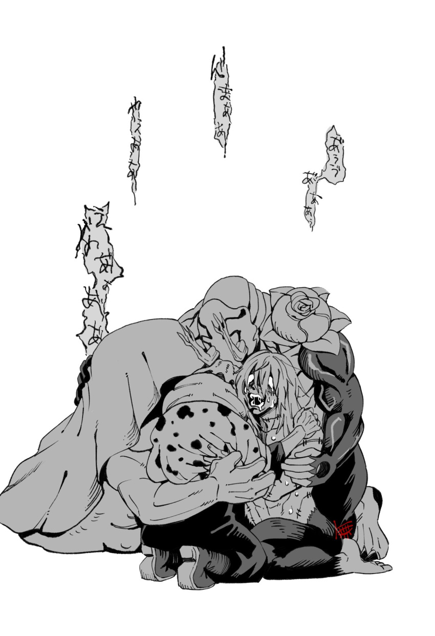 1boy, 3others, blank_eyes, crying, crying_with_eyes_open, dagon_(jujutsu_kaisen), flower, greyscale, group_hug, hanami_(jujutsu_kaisen), hat, highres, hug, jogo_(jujutsu_kaisen), jujutsu_kaisen, kneeling, mahito_(jujutsu_kaisen), male_focus, monochrome, monster, mu96nomubo, multiple_others, o_o, open_mouth, rose, scar, scar_on_face, scar_on_neck, sobbing, tears, white_background