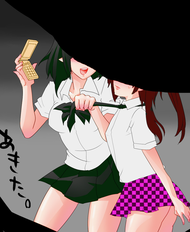 ako96, bullying, cellphone, checkered, checkered_skirt, hata-tan, himekaidou_hatate, multiple_girls