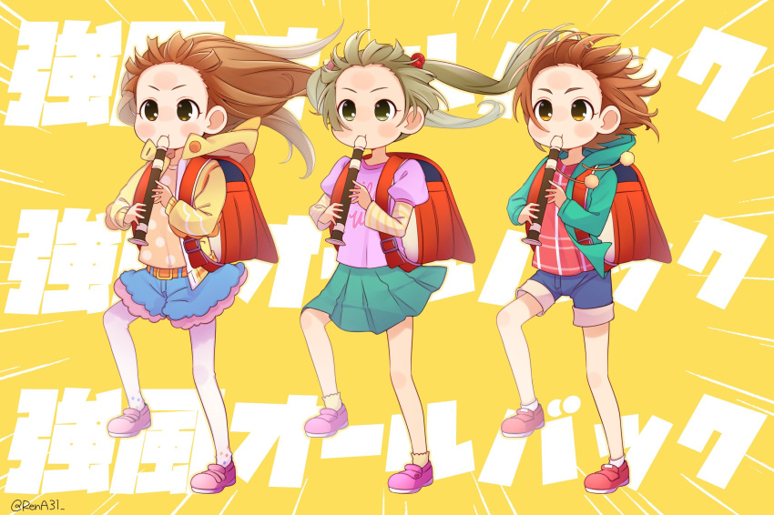 31reyo, 3girls, backpack, bag, brown_eyes, brown_hair, floating_hair, flute
