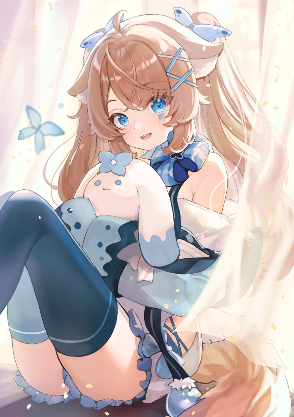 1girl, animal_ear_fluff, blue_butterfly, blue_eyes, blue_thighhighs, brown_hair, bug, butterfly, enominya_andi, facial_mark, hair_ornament, highres, looking_at_viewer, melonyx, open_mouth, sibyl, sitting, sleeves_past_fingers, sleeves_past_wrists, smile, solo, stuffed_animal, stuffed_rabbit, stuffed_toy, thigh-highs, twintails, virtual_youtuber, x_hair_ornament