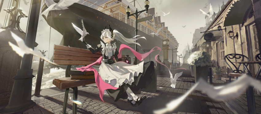 1girl, absurdres, apron, arknights, bench, bird, black_dress, black_gloves, black_horns, building, clock, dress, eriri2000420, evening, fire, full_body, gloves, highres, horns, irene_(arknights), lamppost, lantern, long_hair, maid_headdress, outdoors, pantyhose, pink_eyes, pink_fire, ponytail, scenery, ship, sitting, solo, watercraft, white_apron, white_hair, white_pantyhose