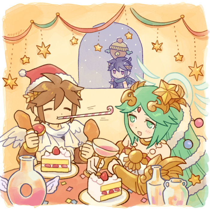 2boys, ahoge, angel, angel_wings, beanie, black_hair, brown_hair, cake, chicken_(food), christmas, closed_eyes, confetti, cup, dark_pit, food, forehead_jewel, green_eyes, green_hair, hat, holding, holding_cup, indoors, kid_icarus, kid_icarus_uprising, laurel_crown, multiple_boys, nopepe, nutski, palutena, party_horn, pit_(kid_icarus), santa_hat, star_(symbol), strawberry_shortcake, window, wings