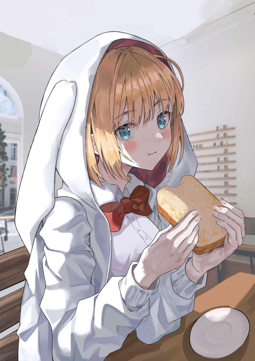 1girl, absurdres, animal_hood, blonde_hair, bread, brown_dust_2, cloak, eating