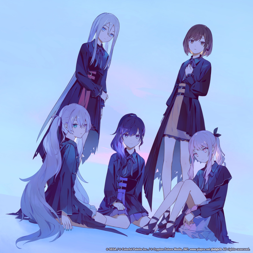 1other, 25-ji_miku, 25-ji_nightcord_de._(project_sekai), 4girls, akiyama_mizuki, album_cover, androgynous, asahina_mafuyu, black_bow, black_capelet, black_footwear, black_ribbon, black_shirt, bow, braid, brown_eyes, capelet, collared_shirt, commentary_request, copyright_name, cover, full_body, green_eyes, grey_eyes, grey_hair, hair_ribbon, hand_on_own_chest, hatsune_miku, heterochromia, high-waist_skirt, highres, holding_own_wrist, long_hair, looking_at_viewer, manuga_(manuga430), multiple_girls, official_art, pink_eyes, pink_skirt, pleated_skirt, ponytail, project_sekai, purple_skirt, red_skirt, ribbon, shinonome_ena, shirt, short_hair, simple_background, sitting, skirt, standing, strappy_heels, very_long_hair, violet_eyes, vocaloid, wariza, yellow_skirt, yoisaki_kanade
