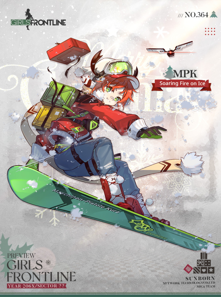 1girl, animal_ear_hairband, backpack, bag, bandaid, bandaid_on_face, bandaid_on_nose, baseball_cap, black_gloves, blue_pants, box_on_back, character_name, checkered_floor, christmas, christmas_tree, commentary, company_name, copyright_name, drone, english_commentary, english_text, frosted_glass, full_body, girls_frontline, gloves, goggles, goggles_on_headwear, green-tinted_eyewear, green_eyes, green_gloves, grin, hat, heart, highres, holly, id_card, jacket, kinoshita_neko, long_sleeves, looking_at_viewer, merry_christmas, mpk_(girls'_frontline), mpk_(soaring_fire_on_ice)_(girls'_frontline), official_alternate_costume, official_art, pants, pom_pom_(clothes), promotional_art, red_footwear, red_jacket, red_nose, redhead, scarf, second-party_source, short_hair, smile, snow, snowboard, snowboarding, snowflakes, snowing, solo, star_(symbol), tinted_eyewear, torn_straps, two-sided_gloves, white_background, yellow_scarf