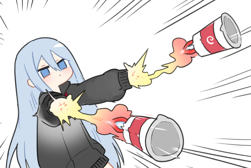 132_(bb32768), 1girl, arm_cannon, black_jacket, blue_eyes, blue_hair, comedy, commentary