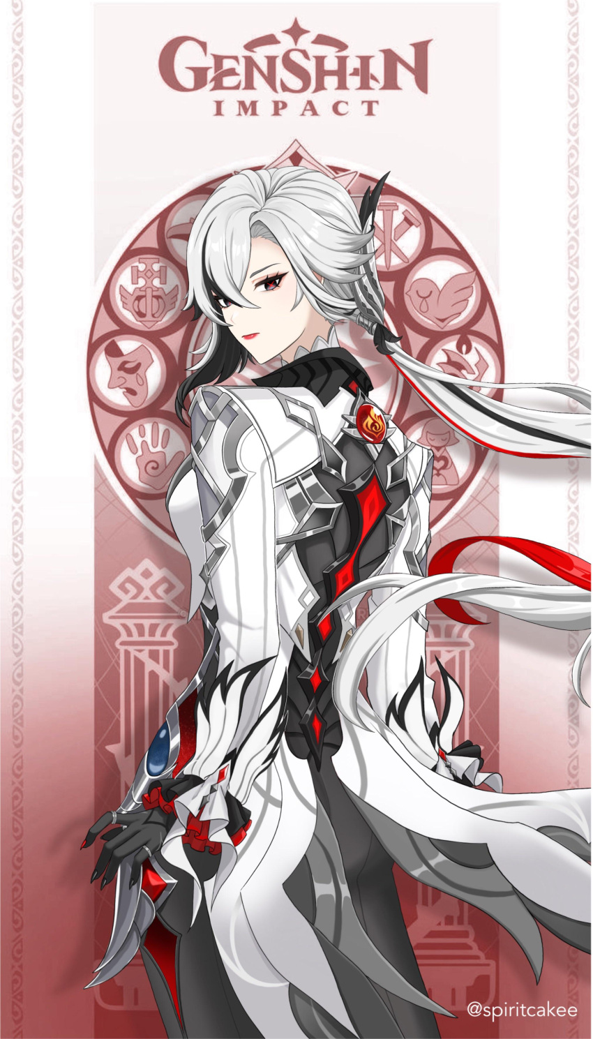 1girl, absurdres, arlecchino_(genshin_impact), black_eyes, black_hair, black_pants, coat, commentary_request, copyright_name, cowboy_shot, genshin_impact, highres, long_hair, long_sleeves, looking_at_viewer, multicolored_hair, pants, red_lips, solo, spiritcake16, standing, streaked_hair, very_long_hair, white_coat, white_hair