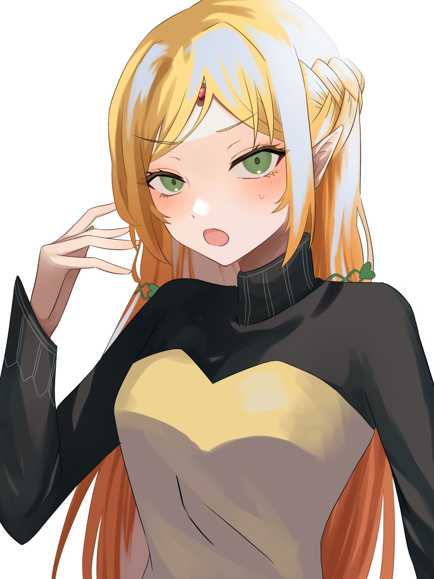 1girl, absurdres, blonde_hair, blush, commentary_request, elf, forehead_jewel, green_eyes, highres, isekai_ojisan, long_hair, open_mouth, pointy_ears, sidelocks, simple_background, solo, sui_(isekai_ojisan), tsukuno_tsuki, upper_body, white_background