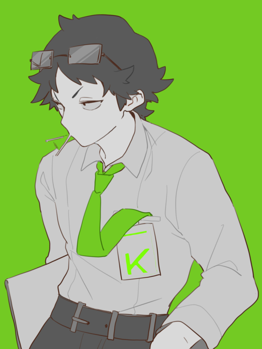 1boy, black_eyes, black_hair, black_pants, collared_shirt, cowboy_shot, eyewear_on_head, glasses