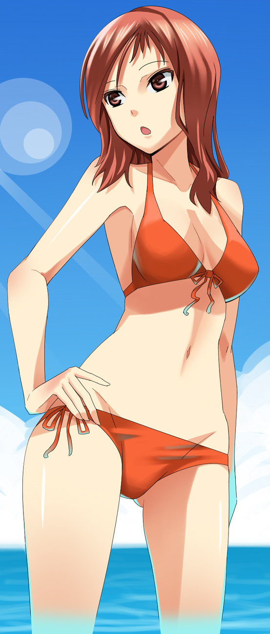 brown_eyes, gogochi, hand_on_hip, highres, lowleg, red_hair, redhead, saki
