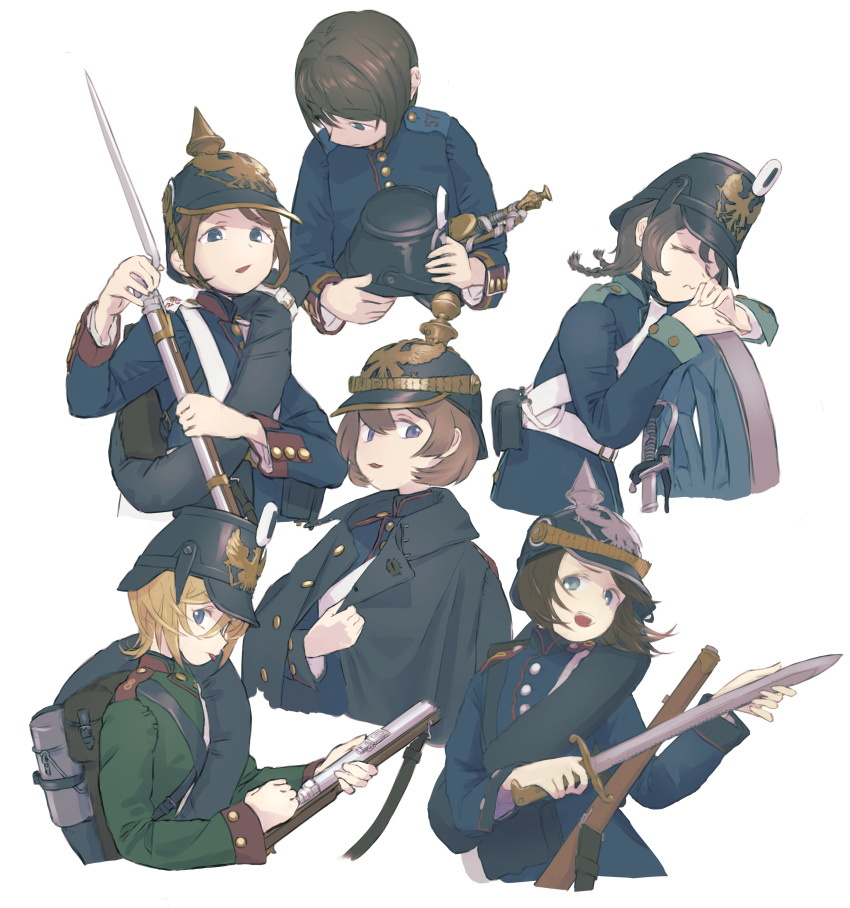 6+girls, :p, @_@, absurdres, antique_firearm, backpack, bag, bayonet