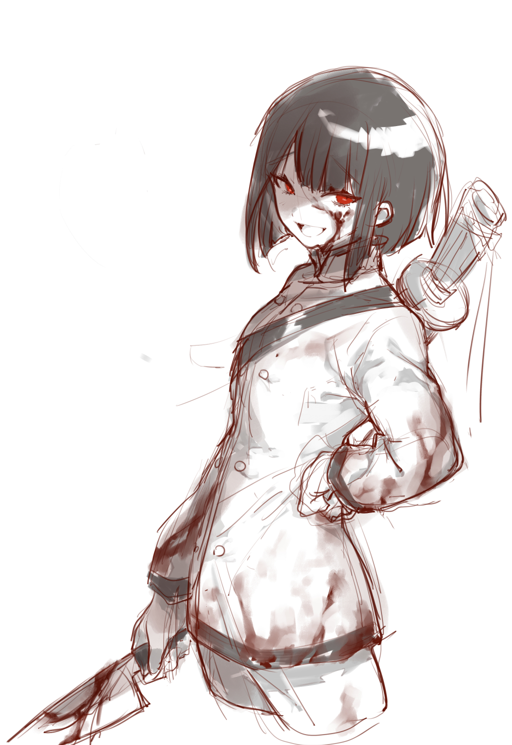 1girl, black_hair, blood, blood_on_clothes, blood_on_face, highres, holding, holding_knife, jacket, knife, limbus_company, long_sleeves, ootachi, open_mouth, project_moon, red_eyes, ryoshu_(project_moon), short_hair, simple_background, smile, solo, uchimura_(rino0525), white_background, white_jacket