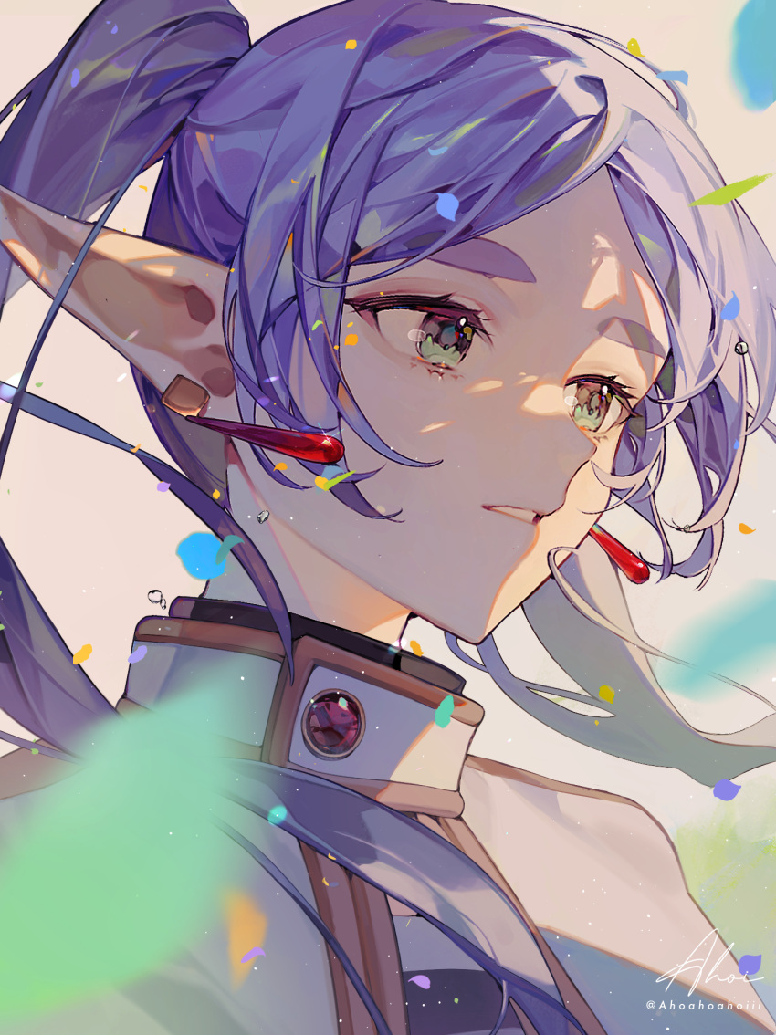 1girl, ahoi, earrings, elf, falling_petals, frieren, gem, gold_trim