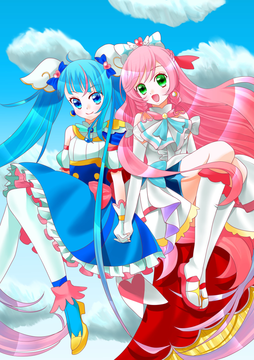1866alliance, 2girls, absurdres, blue_eyes, blue_hair, earrings, green_eyes, hair_ornament