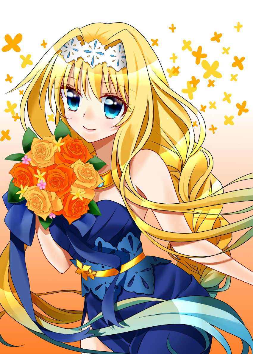 1866alliance, 1girl, absurdres, alice_zuberg, blonde_hair, blue_dress, blue_eyes, blunt_bangs