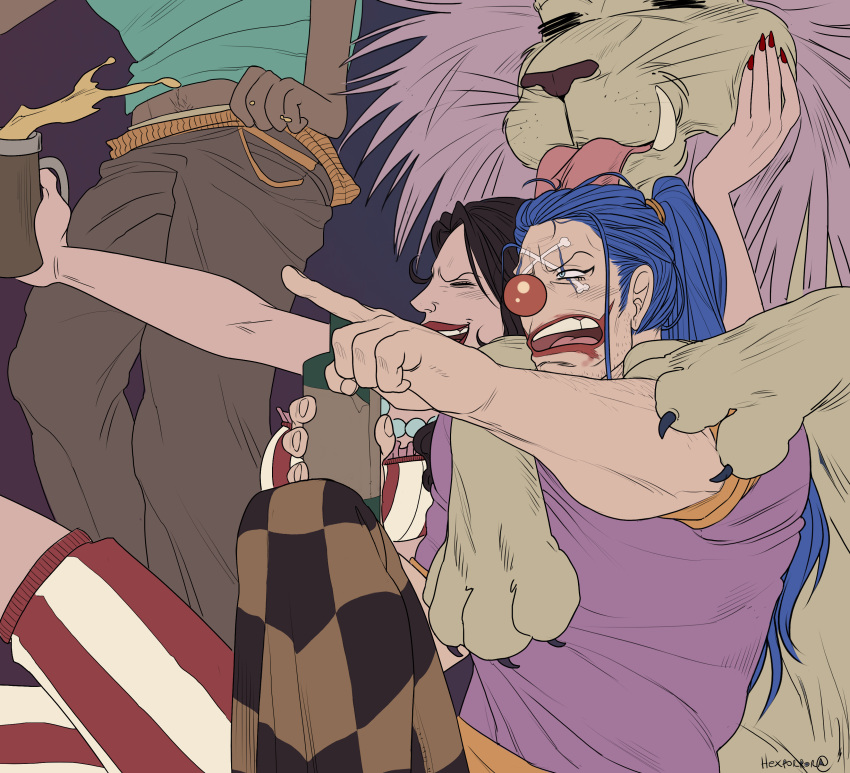 1boy, 1girl, absurdres, alcohol, alvida_(one_piece), animal, artist_name, bead_necklace