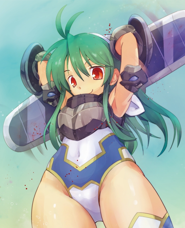 antenna_hair, green_hair, leotard, long_hair, navel, red_eyes, shinrabanshou, shizuku