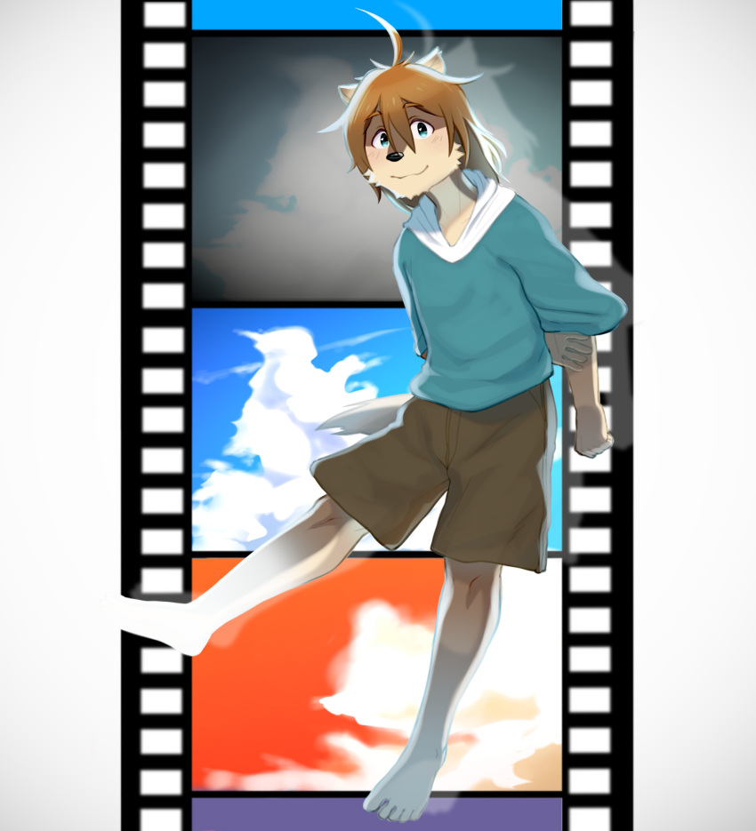 1boy, ahoge, animal_ears, arm_behind_back, blue_sky, brown_shorts, clouds, cloudy_sky, film_strip, furry, furry_male, ghost, highres, hood, hoodie, looking_at_viewer, male_focus, morenatsu, nanafuse_(morenatsu), orange_sky, shorts, sky, smile, susabi_(susabi_3b), tail, wolf_boy, wolf_ears, wolf_tail