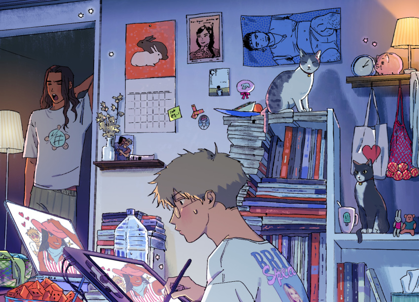 2boys, alarm_clock, arm_behind_head, bag, blonde_hair, book, book_stack, bottle, britney_spears, brown_hair, calendar_(object), cat, clock, closed_mouth, cup, dark-skinned_male, dark_skin, drawing, drawing_tablet, food, fruit, glasses, green_pants, highres, holding, holding_stylus, indoors, lamp, long_hair, male_focus, mohtz, mug, multiple_boys, open_mouth, original, pants, photo_(object), piggy_bank, plant, poster_(object), print_shirt, profile, shirt, short_hair, stylus, sweatdrop, tissue_box, tote_bag, upper_body, water_bottle, watermelon, watermelon_slice, wavy_hair, white_shirt, yawning