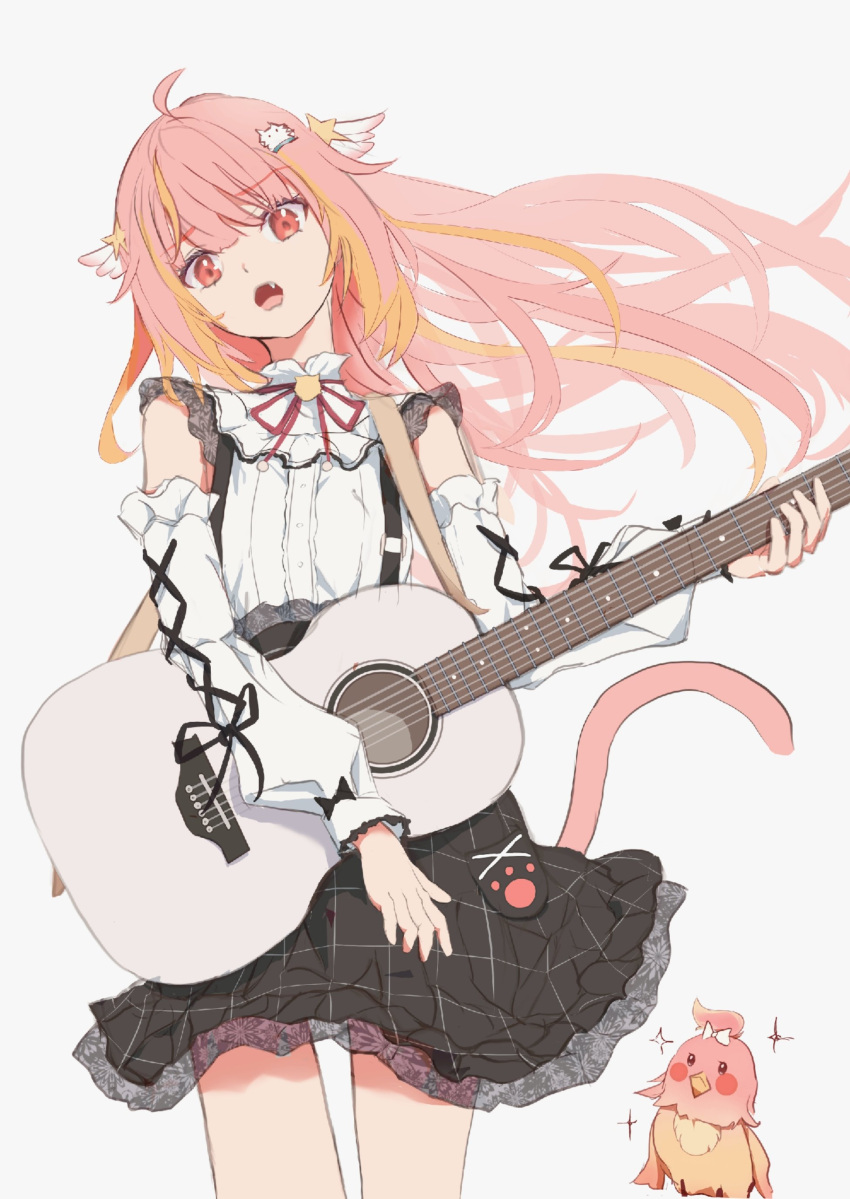 1girl, absurdres, acoustic_guitar, ahoge, bird, black_skirt, blonde_hair, botan_(oacdrykafjf3g3d)