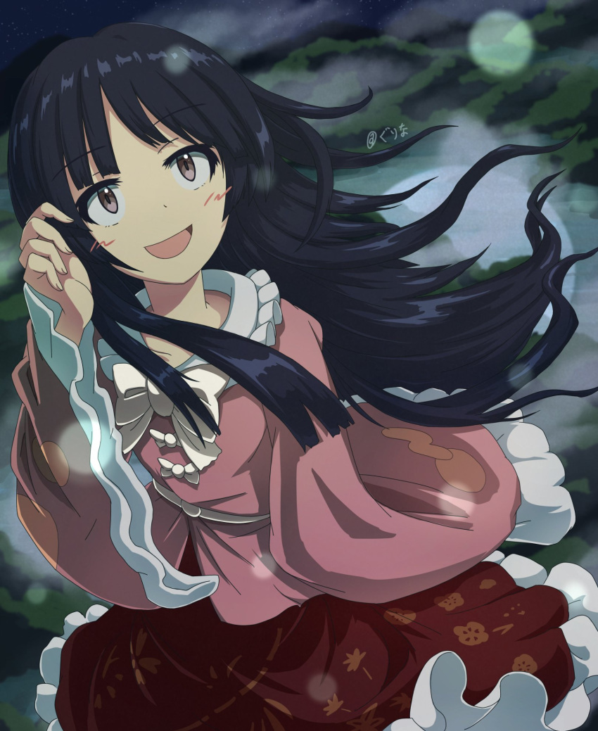 1girl, black_hair, blunt_bangs, blush_stickers, bow, bow_button, bowtie, brown_eyes