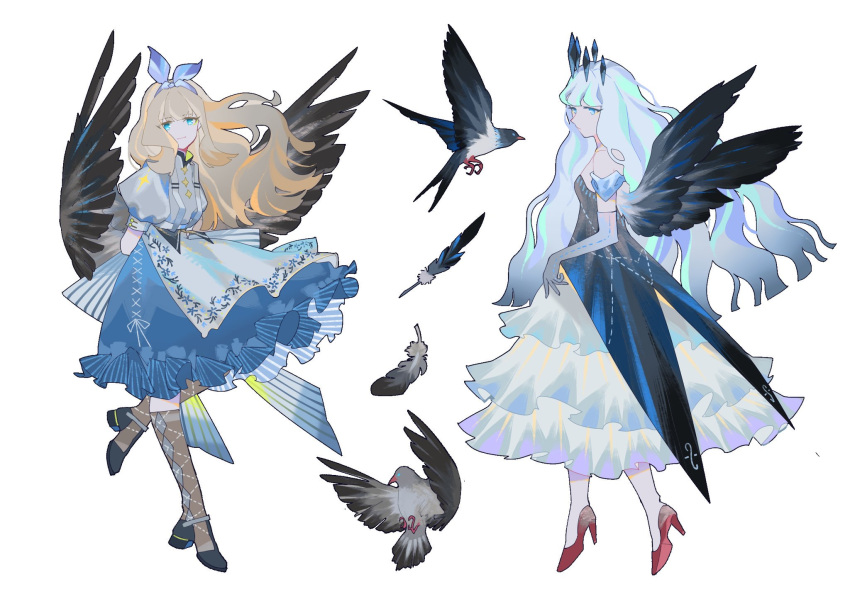 2girls, apron, argyle, arms_behind_back, back_bow, bare_shoulders, bird, bird_wings